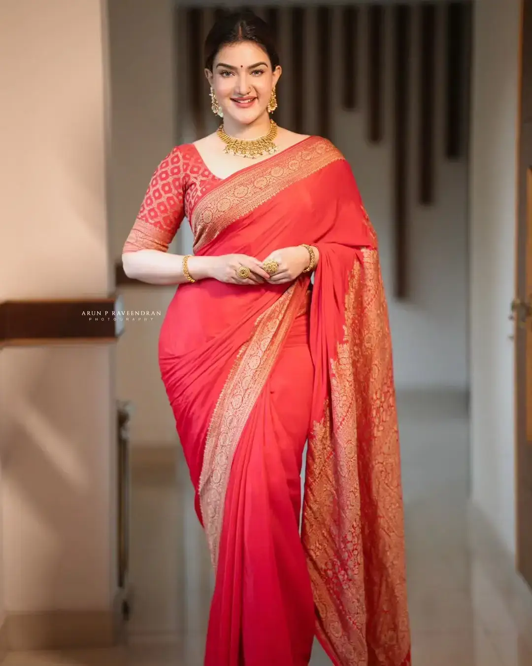 Indian Actress Honey Rose Images in Red Colour Pattu Saree